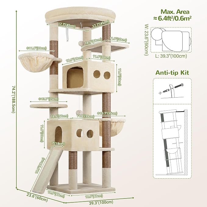 Globlazer S74G 74in Tall Cat Tree for Indoor Cats Large Adult, Light Grey | Sturdy Heavy Duty Cat Tree Tower for Multiple Cats with 7 Scratching Posts, 2 Spacious Condos, 2 Hanging Baskets
