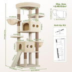 Globlazer S74G 74in Tall Cat Tree for Indoor Cats Large Adult, Light Grey | Sturdy Heavy Duty Cat Tree Tower for Multiple Cats with 7 Scratching Posts, 2 Spacious Condos, 2 Hanging Baskets