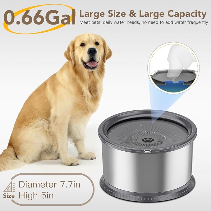 2.5L/0.6Gal Dog Water Bowl, No Spill Stainless Steel Slow Water Bowl for Medium Large Dogs, Large Capacity Splash Proof Dog Slow Water Feeder with Anti-Slip Mat for Mess Drinkers
