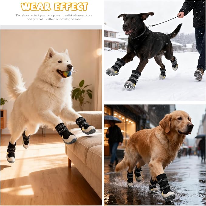 Dog Shoes for Medium Large Dogs Winter Dog Snow Boots Anti-Slip Dog Boots & Paw Protectors Warm Wool Snow Booties with Reflective for Hiking 4Pcs,Size 2