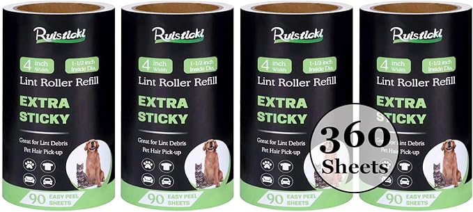 4 inch Lint Roller Refills for Evercare PetLovers Fedicelly Albatross and More Lint Rollers, Extra Sticky 90 Sheets per Refill, Pack of 4 Rolls, 360 Sheets Total (1 1/2 inch Inside Diameter)
