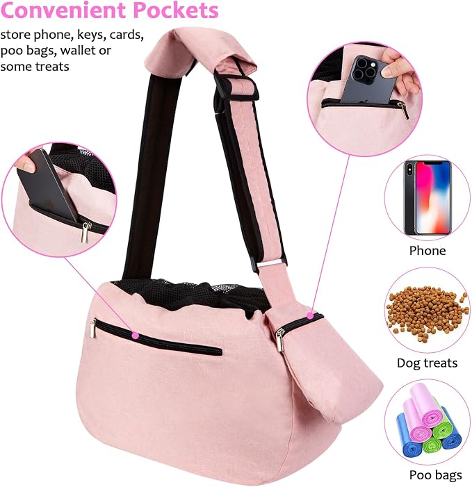 Ownpets Pet Dog Sling Carrier Bag Adjustable Padded Strap Dog Hand Free Safe Mesh Pet Carrier for Small Medium Dog Cat (Pink)