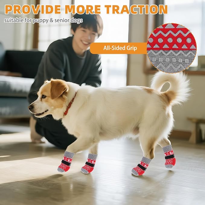 KOOLTAIL Dog Socks to Prevent Licking Paws, Dog Christmas Outfit Shoes for Winter Snow Pavement, Warm Fleece Pet Boots & Paw Protector for Hardwood Floors Anti Slip, Small Medium Large Size, Red M
