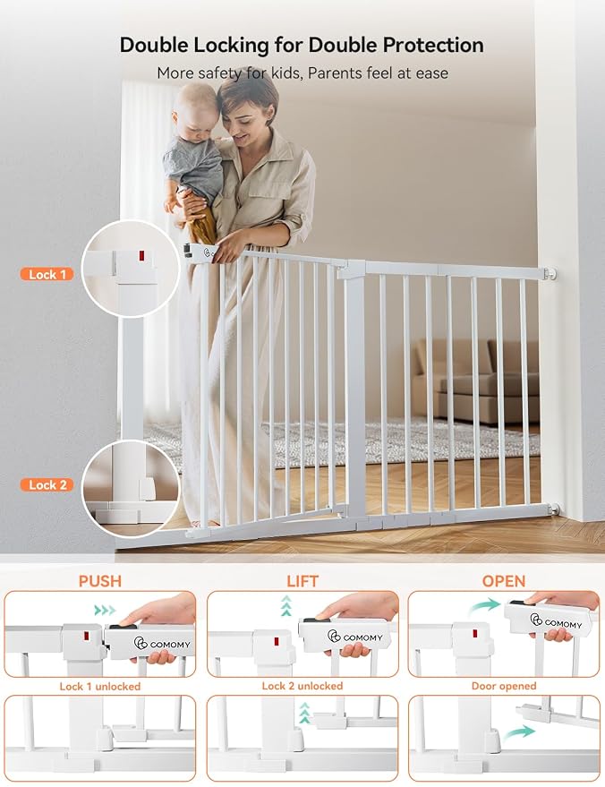 COMOMY 30" Tall Baby Gate for Stairs Doorways, Fits Openings 29.5" to 51.6" Wide, Auto Close Extra Wide Dog Gate for House, Pressure Mounted Easy Walk Through Pet Gate with Door, White | Auto Close Extra Wide Dog Gate for House, Pressure Mounted Easy W...