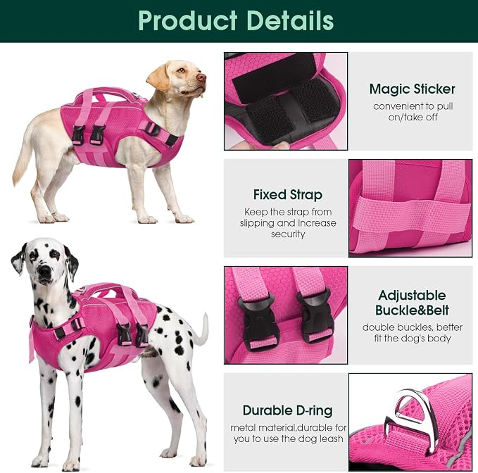 Kuoser Dog Life Jacket, High Flotation Reflective Dog Life Vest, Rose, L | Adjustable Dog Lifejackets for Small Medium Large Dogs, Lifevest with Rescue Handle for Swimming, Boating, Lake, Beach & Pool