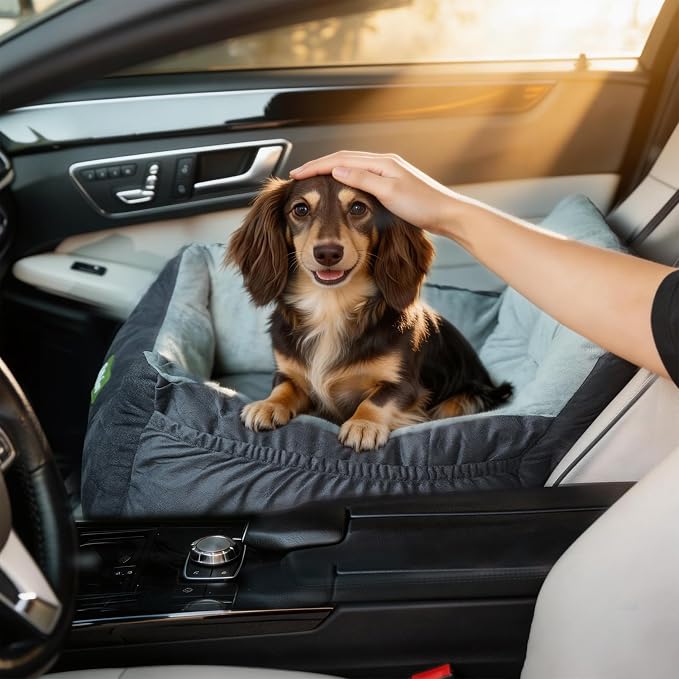Dog Car Seat with Safety Clip & Pockets for Small Dogs | up to 25lbs, Soft Comfy Pet Carseat, Fully Washable Travel Dog Car Bed, with Detachable Cushion