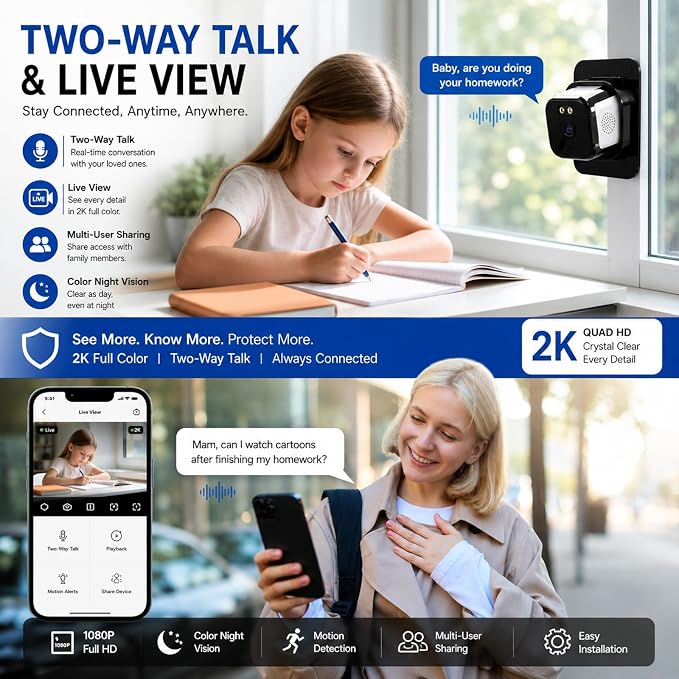 Window Camera 3MP 2K Indoor for Home Security, Color Night Vision - 1Pack | No Drilling See Outside from Inside Through Glass, 2.4GHz & 5GHz WiFi, AI Person Detection, Anti-Reflection Design