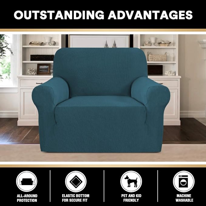 Stretch Chair Covers for Living Room, Washable Armchair Slipcovers, Fitted Chair Slip Cover Jacquard Small Checked Furniture Protector with Elastic Bottom(Armchair 31"-40",Deep Teal)