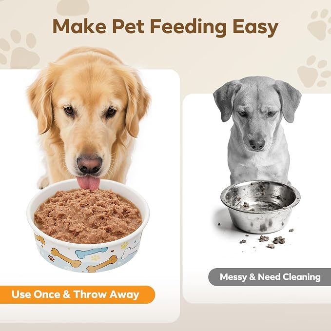 40 Pack Disposable Dog Bowls, 16 oz Paper Pet Bowls for Cats & Dogs | Disposable Bone Print Cat Food Bowls, Dry Wet Food & Wate, Small Medium Pets, Travel and Daily Feeding Bowls, Thick & Sturdy