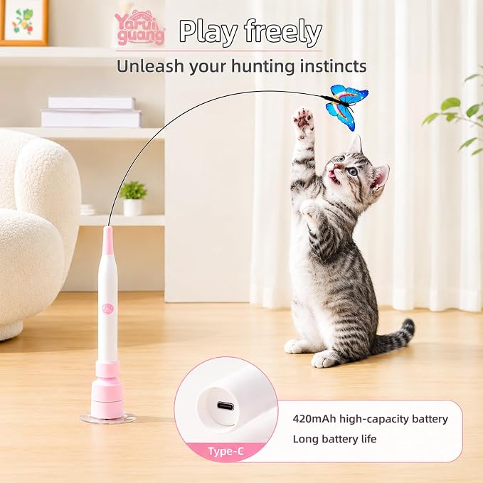 Automatic Butterfly Cat Toy, Interactive Wand with Suction Base | Rechargeable 2-in-1 wand offers handheld or suction-base play, two rotating modes, tap activation, and 3 butterfly refills.