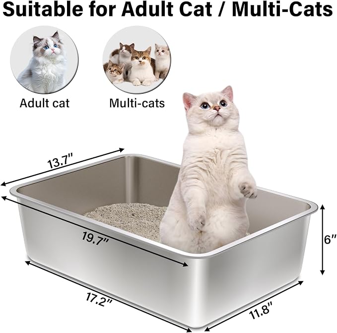 Stainless Steel Litter Box, 20"x14"x6" Large Metal Cat Litter Box | Easy to Clean, Non Stick No Smell,Steel Litterbox for Adult Cats/Kitty