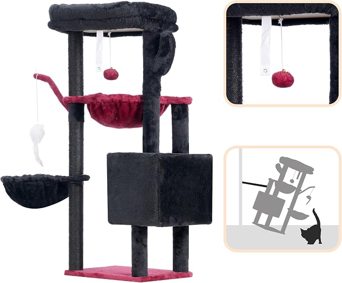 Heybly Cat Tree, 40" Tower with All-Sisal Wrapped Scratching Post HCT006SBR | Cat Tower for Indoor Cats, Cat Condo with Soft Platform, 2 Baskets and Dangling Toy, Black and Red