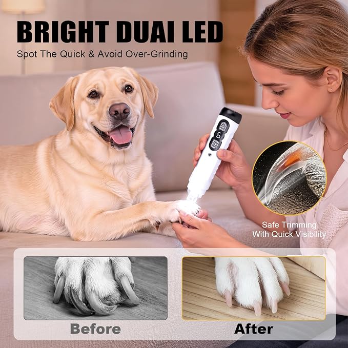 Quiet Dog Nail Grinder, 9-Speed Electric Pet Nail Trimmer with LED | Low noise, Safety sensor guard, 2 LED lights, USB rechargeable, Professional grooming, Sensitive paws, Dogs cats all breeds