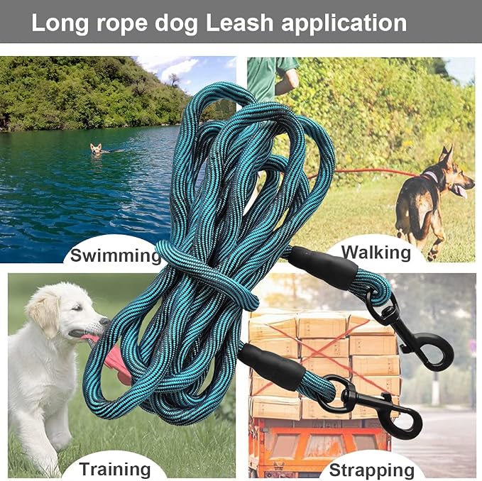 BTINESFUL Tie-Out Long Rope Dog Lead 8/12/20/30/50/75ft Dog Tether for Yard | Large Medium Dogs Outdoor Training, Playing, Camping, or Backyard (8 Foot, Blue Black)