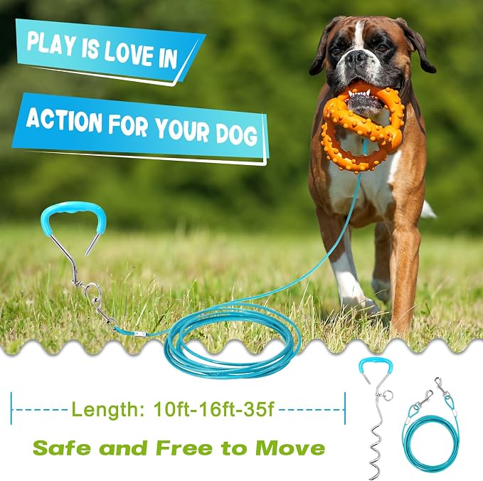 Supet Dog Tie Out Cable and Stake 32/16/10 ft Outdoor, Yard and Camping, for Medium to Large Dogs Up to 125 lbs, 16" Stake, 32/16/10 ft Cable with Durable Spring and Metal Hooks for Outdoor