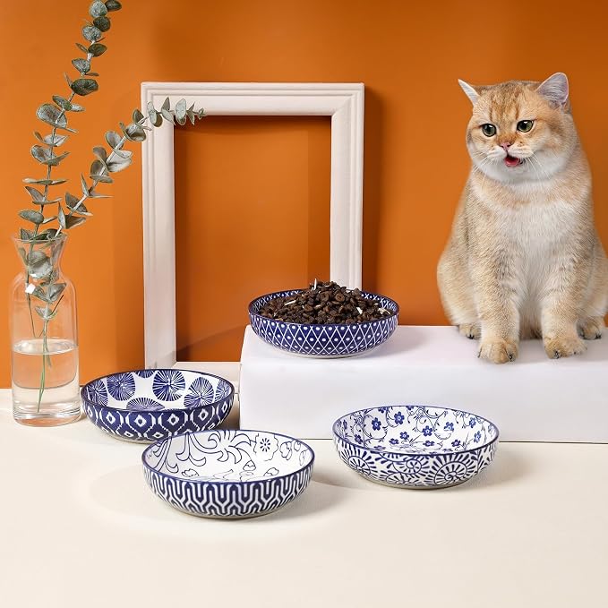 Selamica Ceramic Cat Bowls, 5.6 Inch Wide Shallow Cat Food Bowl/Dishes for Food and Water, Whisker Friendly, Set of 6, Vintage Blue