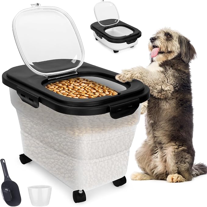 Dog Food Container, Collapsible Pet Food Storage Container 17-20 lb with Rolling Wheels & Airtight Lid, Plastic Storage Bin With Dog Food Scoop and Measuaring Cups