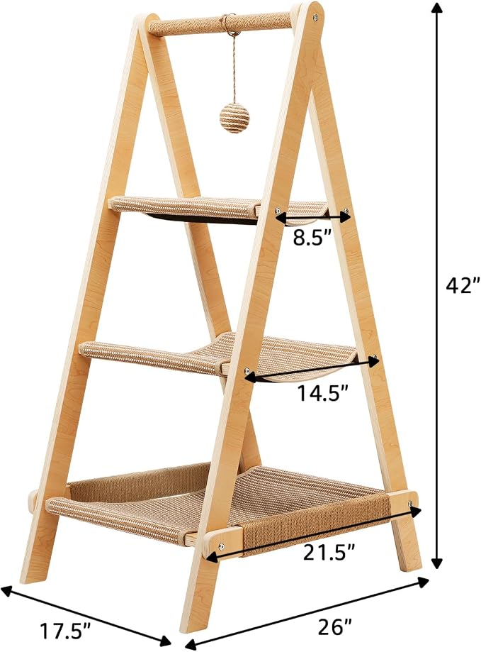Stylish Plywood A-Frame Cat Tower, 3-Tier Perch, Sisal Scratching Board & Open Hammock, Space-Saving Movable Cat Tree Fits Most Home Styles