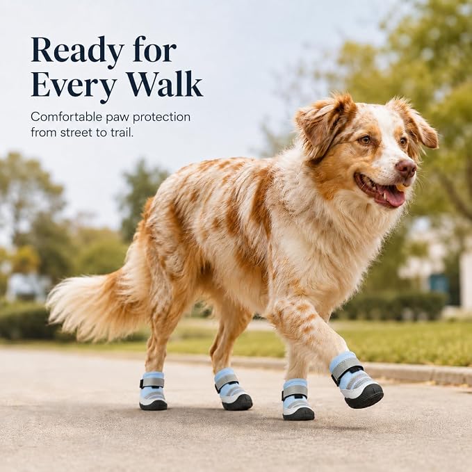 Dog Boots, Waterproof Dog Shoes with Reflective Straps, Rugged Anti-Slip Sole Paw Protectors for Medium Large Dogs, Breathable Pet Booties for Hot Pavement, Snow, Hiking, 4Pcs
