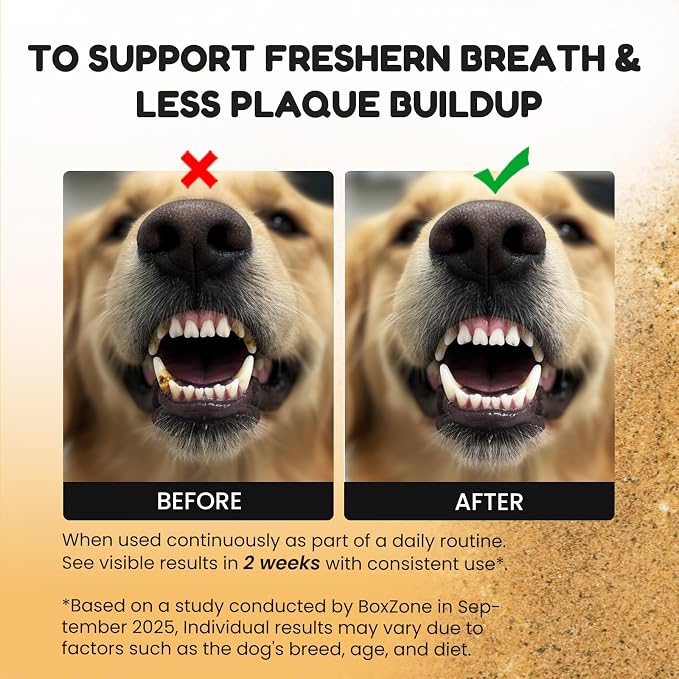 Dog Teeth Cleaning Powder - Plaque & Tartar Control, Breath Fresheners | With Natural Seaweed, Probiotics, Vitamins, Turmeric & Enzymes for All Dogs & Cats (Chicken Flavor, 75 Scoops)