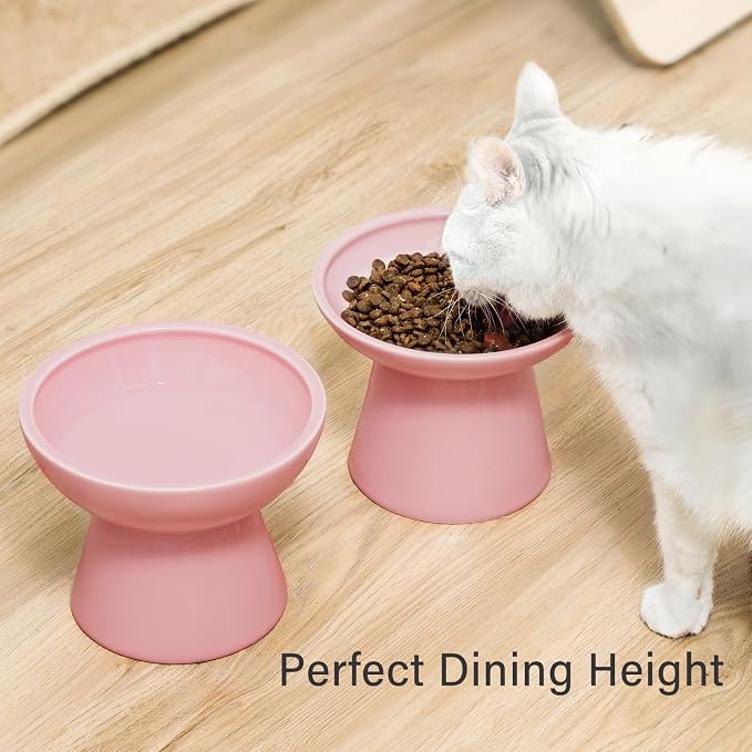 CEEFU 2-Pack Elevated Ceramic Cat Bowls Extra Wide for Food & Water | Anti Vomiting, Whisker Friendly, Shallow Food Dish and Deep Water Bowl, Lead & Cadmium Free, Raised Height for Cats, Pink