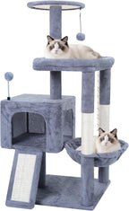 TWDEPART 37.5" All-in-One Cat Tree Tower with Scratching Board & Posts Cozy Sleeping Perch Hammock and Toy Balls,Grey