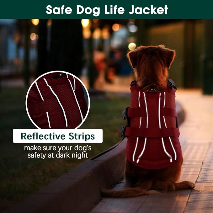 Kuoser Dog Life Jacket, High Flotation Reflective Dog Life Vest, Red, M | Adjustable Dog Lifejackets for Small Medium Large Dogs, Lifevest with Rescue Handle for Swimming, Boating, Lake, Beach & Pool