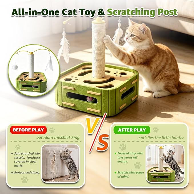 Cat Nail File Scratcher Boxs,Interactive Cats Puzzle Toys with Sisal Column Bell Balls,Indoor Cat Maze Hunting Game Toy for Scratching Mental Stimulation Boredom Relief