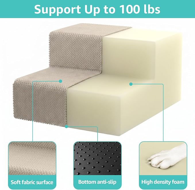 YENING Large Dog Stairs for High Beds - Extra Wide Pet Steps for Large Dogs to Get on Tall Bed 3 Deep Step Cat Ramp for Couch 2 Steps Beige