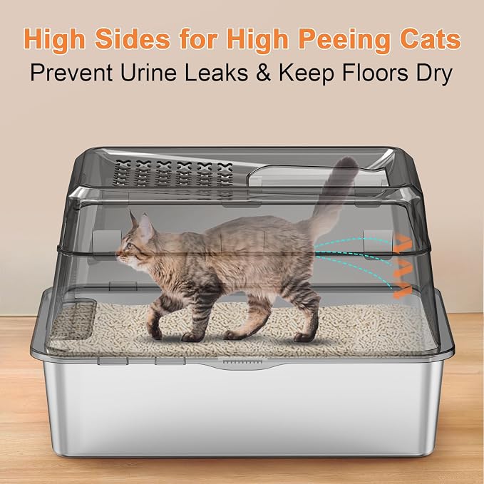 URPOWER Extra Large Stainless Steel Litter Box with Lid for Large Cats | Non-Stick Metal Pan, Front & Top Entry, Odor Control, Anti-Leakage, Easy to Clean, Step and Scoop Included