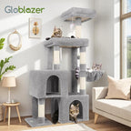 Globlazer 52in Cat Tree Tower for Indoor Cats, 2 Condos, S52, Light Grey | Multi-Level Plush House, 5 Sisal Scratching Posts, 2 Padded Top Perches, Big Metal Basket, Stable Enlarged Base