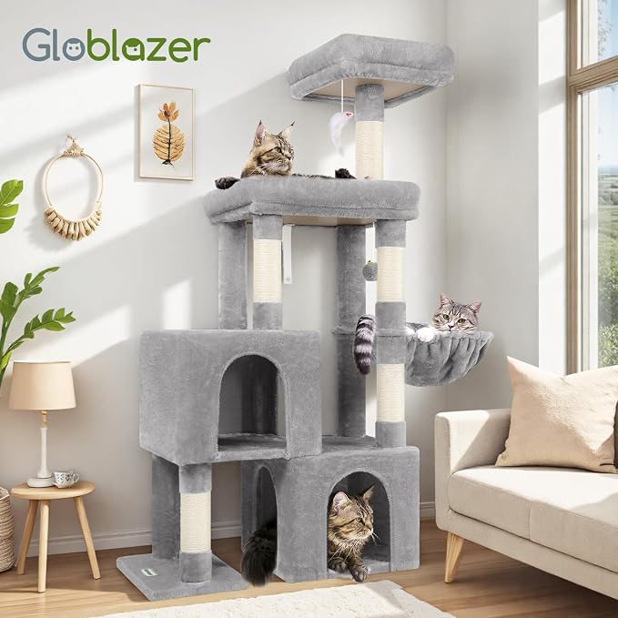 Globlazer 52in Cat Tree Tower for Indoor Cats, 2 Condos, S52, Light Grey | Multi-Level Plush House, 5 Sisal Scratching Posts, 2 Padded Top Perches, Big Metal Basket, Stable Enlarged Base