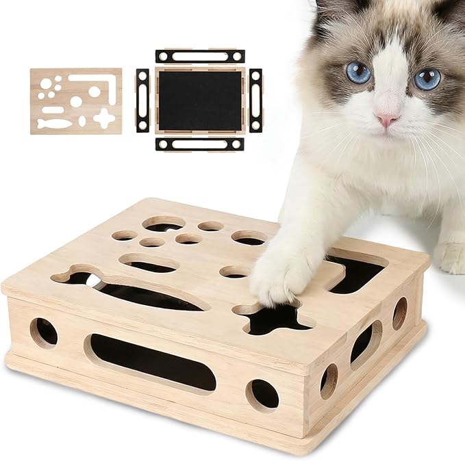 Cat Scratch Puzzle Enrichment Box, Wood Interactive Cat Toy with Sandpaper | Indoor Cat Nail File Box, Claw Craft Cat Nail Trimmer Box for Kitten, Cat Puzzle Toy, Nail Clipper(No Bell Ball)