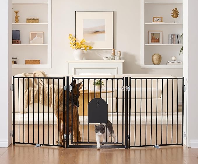 No Pawblems Full Metal Freestanding Dog Gate with Cat Door, 30" Tall | Foldable Pet Gate for Indoor/Outdoor, Zoned management, Dog Fence for Families with Multiple Pets, 78" Wide, 3 Panels, Black