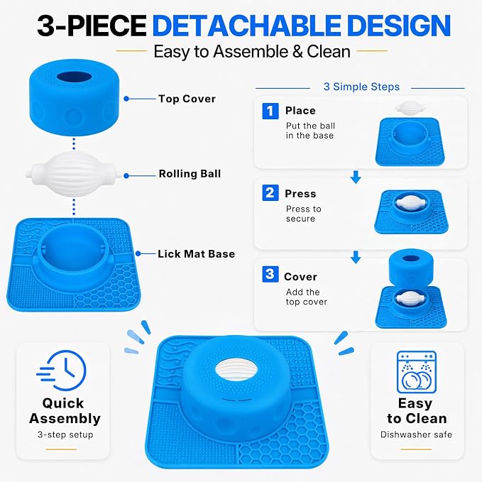 2-in-1 Slow Feeder Dog Bowl, Rolling Ball & Lick Mat, Large Blue | 16.9 oz silicone bowl mat with non-slip suction cups for liquid and thick treats, for large, medium, small dogs and cats