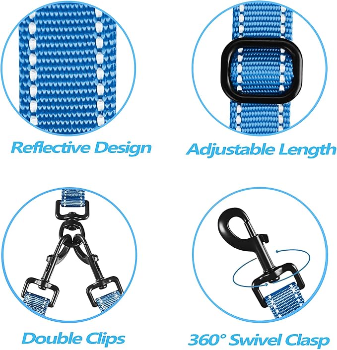 PetBonus Double Dog Leash, No Tangle Dual Leash, Walking Training Lead | 4 Comfortable Padded Handles, Adjustable, Reflective, For Two Large Medium Dogs, Collapsible Bowl and Waste Bags, Light Blue