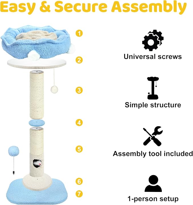 Tall Cat Scratching Post for Indoor Cats,Sisal Scratching Post(Blue Sky) | Cat Scratch Post with Sisal Ball, Solid Wood Cat Tower with Scratching Post and Cat Toys Mouse Hole, Cute Small Cat Tree