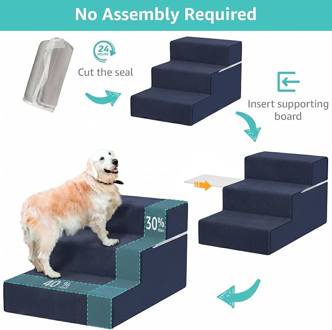 YENING Large Dog Stairs for High Beds - Extra Wide Pet Steps for Large Dogs to Get on Tall Bed 3 Deep Step Cat Ramp for Couch Navy Blue