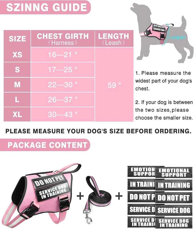 Small Service Dog Vest Harness and Leash Set+10 Patches Pink XS | Adjustable Reflective Do Not Pet Emotional Support Dog Vest with 2 Soft Padded Handle,MOLLE,for Everyday Training Hiking