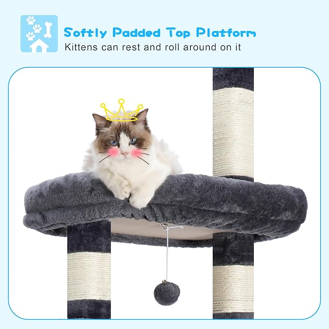 Hey-brother Cat Tree Tower, Adjustable Height, Floor to Ceiling, MPJ091G | 94.5-106.3 Inches Multi-Level Cat House, Scratching Posts, Plush Condo, Platform, Toy Ball for Indoor Big Cats, Smoky Gray
