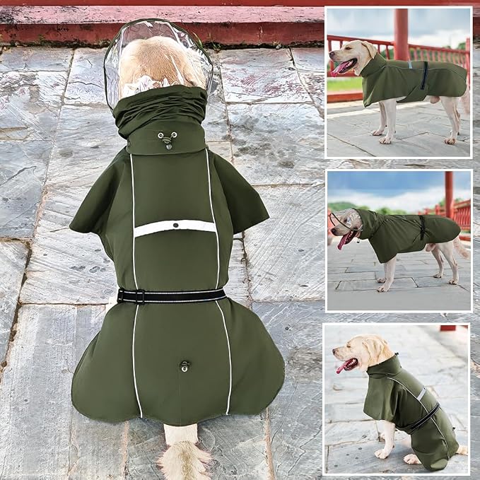 Pet Dog Raincoat Jacket Large Dog Rain Poncho with Transparent Hood, Double-Layer Structure, Adjustable, Waterproof, and Reflective, Suitable for Medium to Large (Army Green, L)