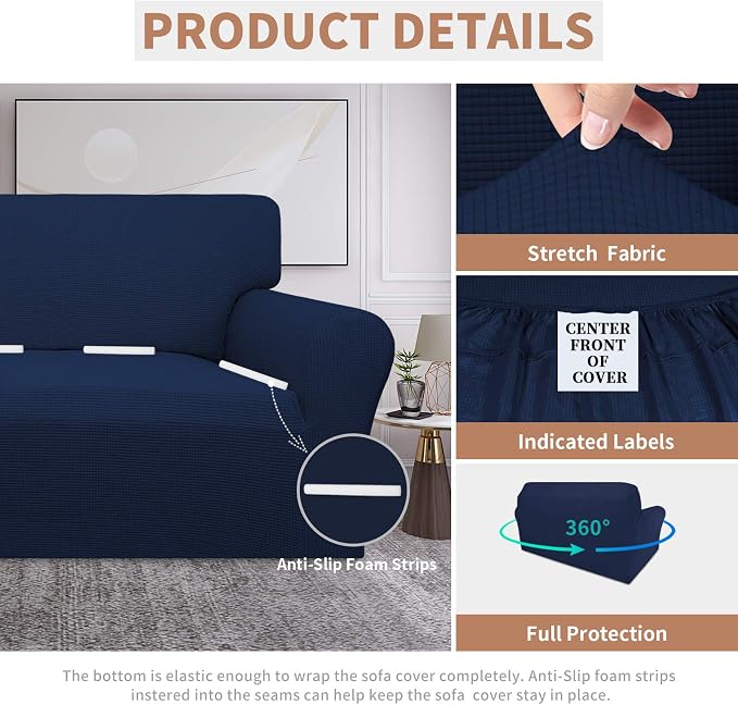 Easy-Going 100% Waterproof Loveseat Couch Cover Stretch Jacquard Sofa Cover | Dual Waterproof Sofa Slipcover, Leakproof Furniture Protector for Kids, Pets, Dog and Cat (Loveseat, Navy)