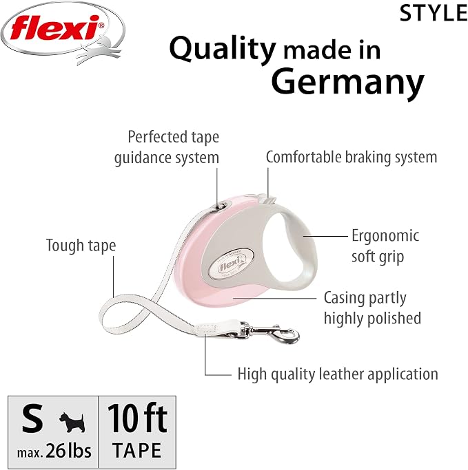 FLEXI® Classic Tape Retractable Dog Leash, Small, 10 ft - Pink/Rose | German engineered, original flexi leash, durable quality for dogs up to 26 lbs, tangle-free, walking, reliable brake system
