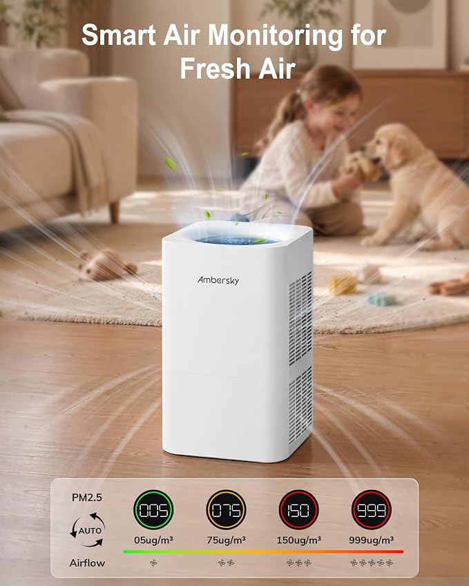 Ambersky Air Purifier for Home, Ture HEPA Filter for Large Room 2500 Ft² | Real-Time AQI & PM2.5 Display, Sleep Mode & 5 Fan Speeds, 360° Air Cleaner for Pet Hair, Smoke, Dust, Odor