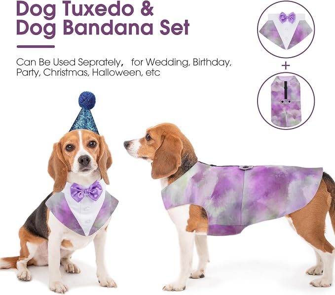 Kuoser Dog Tuxedo, Dog Suit and Bandana Set, Dogs Costume with D-Ring | Formal Dog Outfit with Detachable Bowtie Collar for Wedding, Birthday, Party, Christmas, Halloween, Purple M
