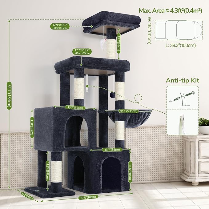 Globlazer 52in Cat Tree Tower for Indoor Cats, 2 Condos, S52, Dark Grey | Multi-Level Plush House, 5 Sisal Scratching Posts, 2 Padded Top Perches, Big Metal Basket, Stable Enlarged Base