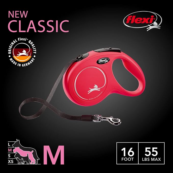 FLEXI® Classic Tape Retractable Dog Leash, Medium, 16 ft - Red | German engineered, original flexi leash, durable quality for dogs up to 55 lbs, tangle-free, walking, reliable brake system