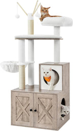 Feandrea Cat Tree with Litter Box Enclosure, 59-Inch Modern Cat Tower | 2-In-1 Condo with Scratching Posts, Washable Removable Cushion, Greige UPCT113G01