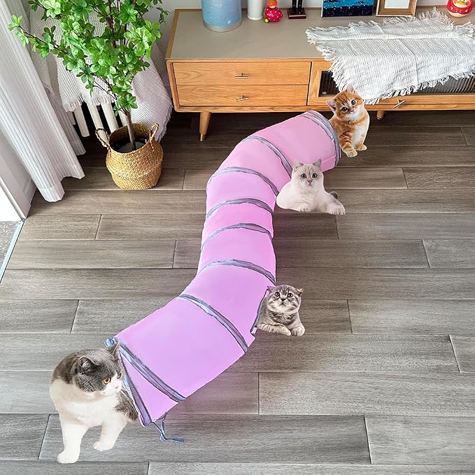 2-Way Long Collapsible Cat Tunnel Tube Toy Pink | Interactive Play Tunnel with Peek Hole for Indoor Cats, Kittens, Puppies & Rabbits | Hours of Fun & Exercise