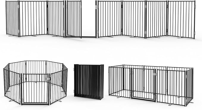 No Pawblems Full Metal Freestanding Dog Gate with Door, 30" Tall | Foldable Pet & Dog Fence for Stairs/Deck/Doorways, Indoor/Outdoor, Freestanding & Wall Mount, 208" Wide, 8 Panels, Black